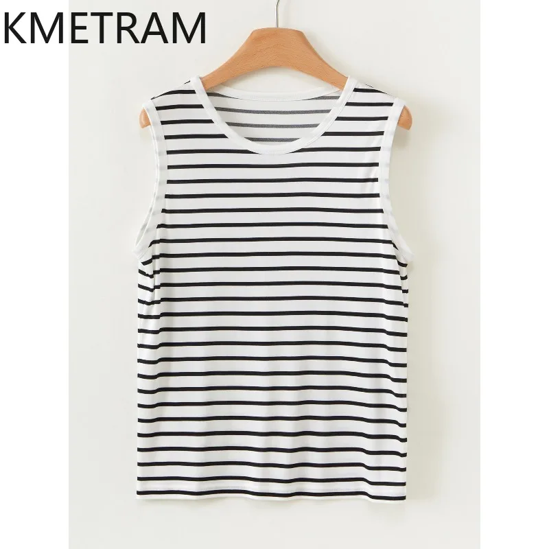 KMETRAM 100% Mulberry Silk Women's Tanks Stylish Stripe Casual Vest O-Neck Sleeveless Summer Tops 2026 Woman Clothes топ женский