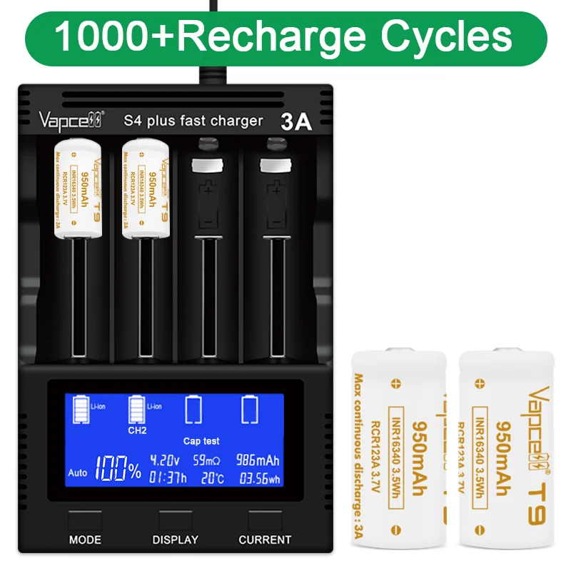 1-20 pz originale vapcell 16340 T9 950 mah 3A batteria INR16340 3.7 V pulsante al litio batteria superiore ricaricabile per torcia elettrica