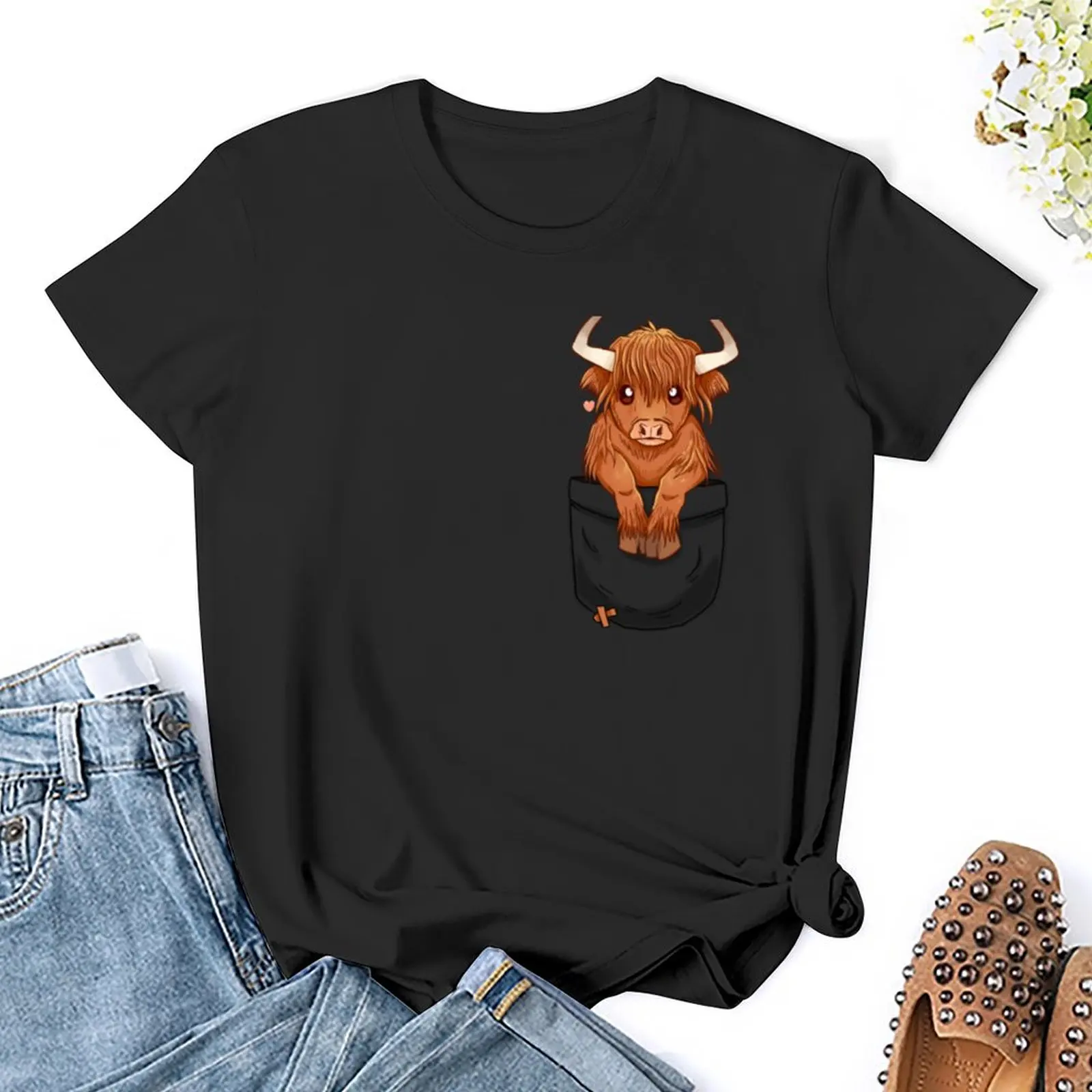 Pocket Cute Scottish Highland Cow T-Shirt lady clothes hippie clothes graphics Blouse t-shirts for Women graphic tees