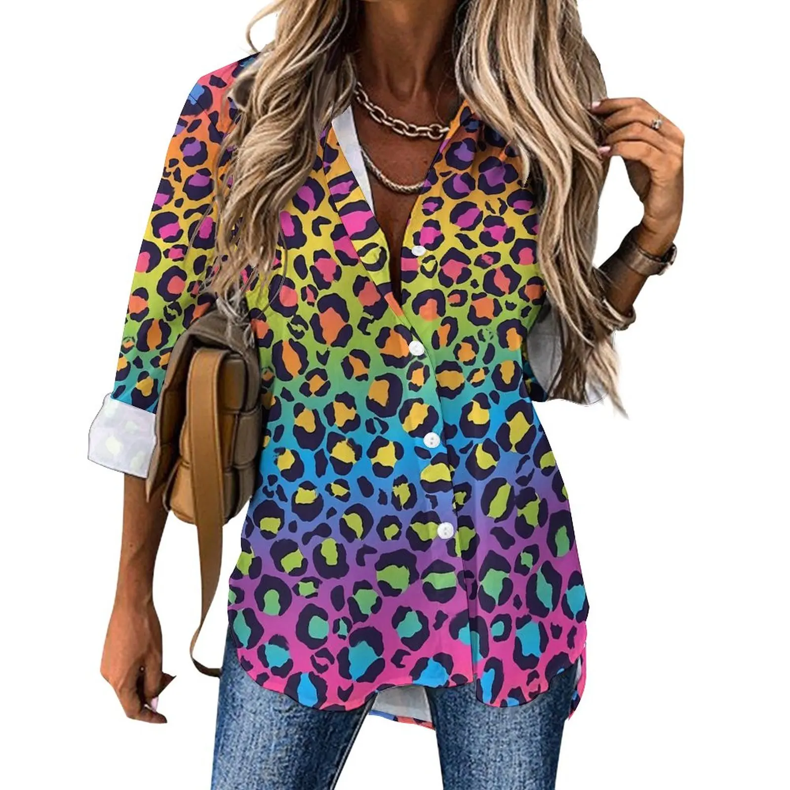 Rainbow Ombre Blouse Female Leopard Print Casual Loose Blouses Spring Long Sleeve Aesthetic Shirts Pattern Top Large Size