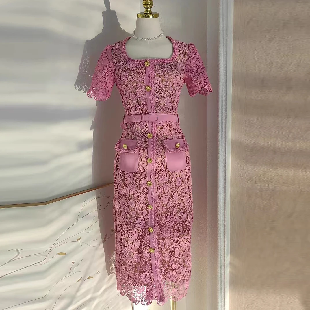 

Sexy Bodycon Lace Square Neck Long Sleeve Single Breasted Dress Chic Elegant Vestidos Vintage Autumn Women Fashion Dress