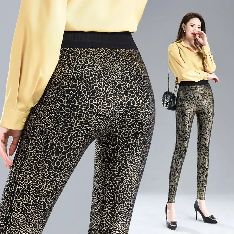 Autumn Winter Sequin Floral Women\'s Glitter Warm Velvet Leggings Pants High Waist Elastic Black Bottoms Pencil Trousers