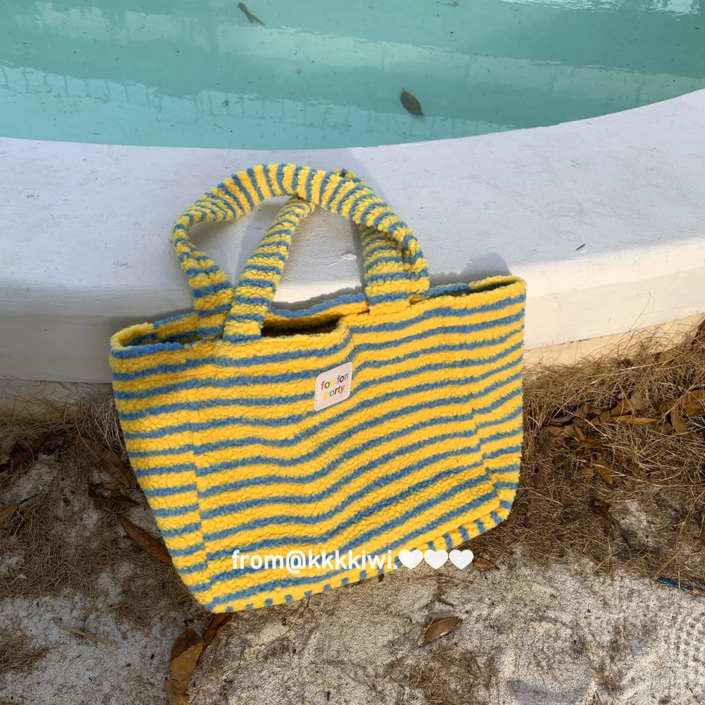 

Korean Sle Large Capaci Handbag Lamb Fur Handbag Sea Salt Lemon Aosphere Tote Bag Soft Handle Polyester Daily Use