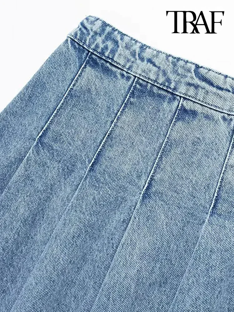 TRAF Women Fashion Wide Pleated Denim Mini Skirt Vintage High Waist Side Zipper Female Skirts Mujer