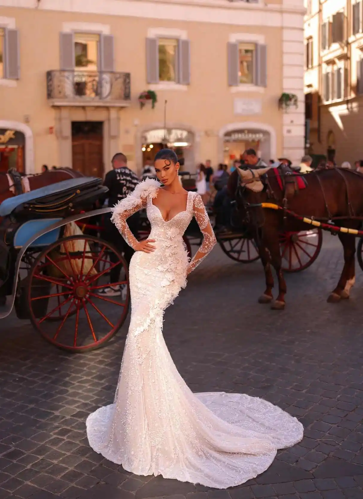Elegant Customized Mermaid Wedding Dress With Full Applique Crystals Pearls Beaded Full Sleeve Princess Vestidos De Novia