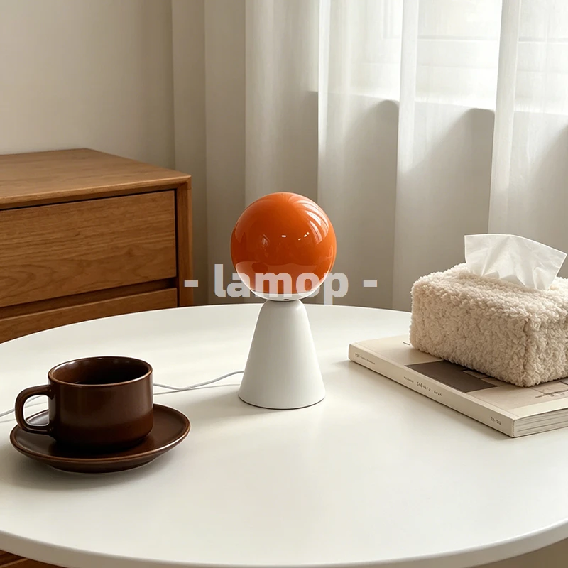 Solid Orange Full Sphere Conical Base Table Lamp Cream Sheer Curtain 3 Tone Soft Light Round Bedroom Table Decor Lamp