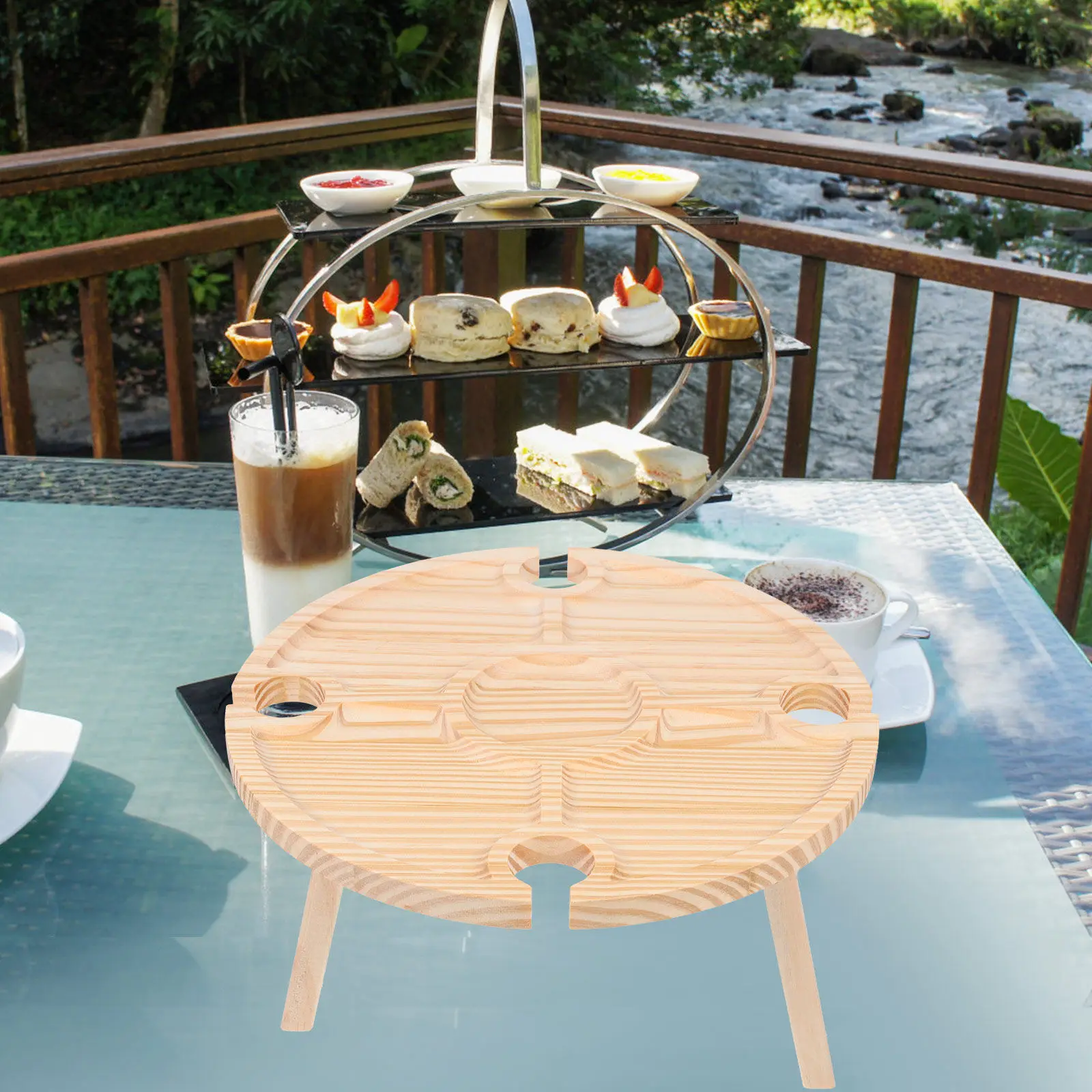 1Pcs Portable Round Wood Outdoor Picnic Table Snack Storage Compact Home Wine Glasses Food Serving Table Stable Lightweight