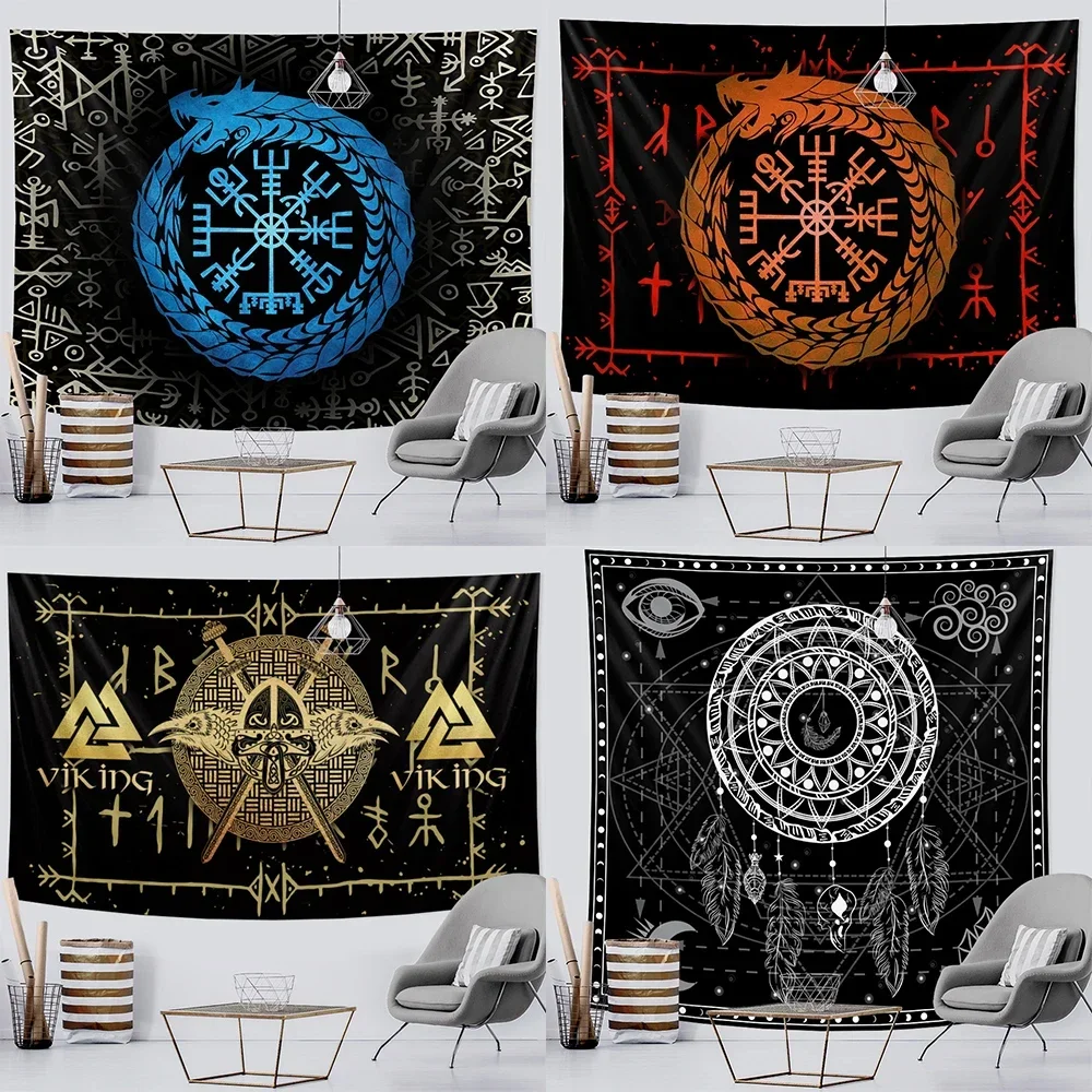 Wikinger mystische Symbol Tapisserie Haupt dekoration psyche delische Szene Wandbehang böhmische Krähe Sofa Decke