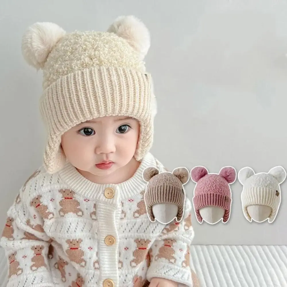 

3-24 Months Double Hairball Baby Hat Knitted Wind-proof Knit Cap Thicken Warm Pom Hat Kids