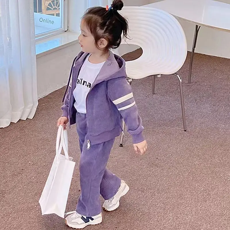 2024 Girl\'s Hooded Set Children\'s Cute Fashion Casual Suit Autumn New Kids Solid Color Tops Sweatpants Two Pieces 3-10 Years Old