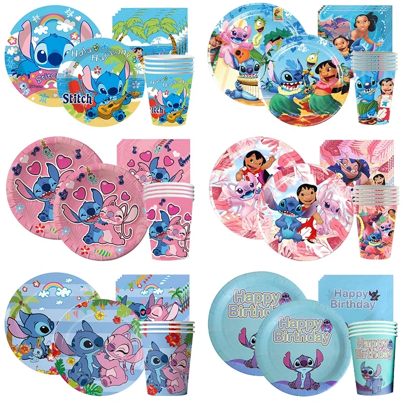 50PCS Kit Stitch Birthday Party Decoration Pink Angel Lilo Stitch Theme Paper Tableware Baby Shower 10People Party Supplies Gift