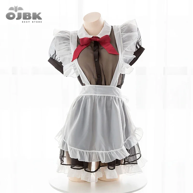 OJBK New Kawaii Sexy Transparent Cosplay Costumes Maid Sexy Lingerie for Women High quality Temptation Dress With Cute Bowknot