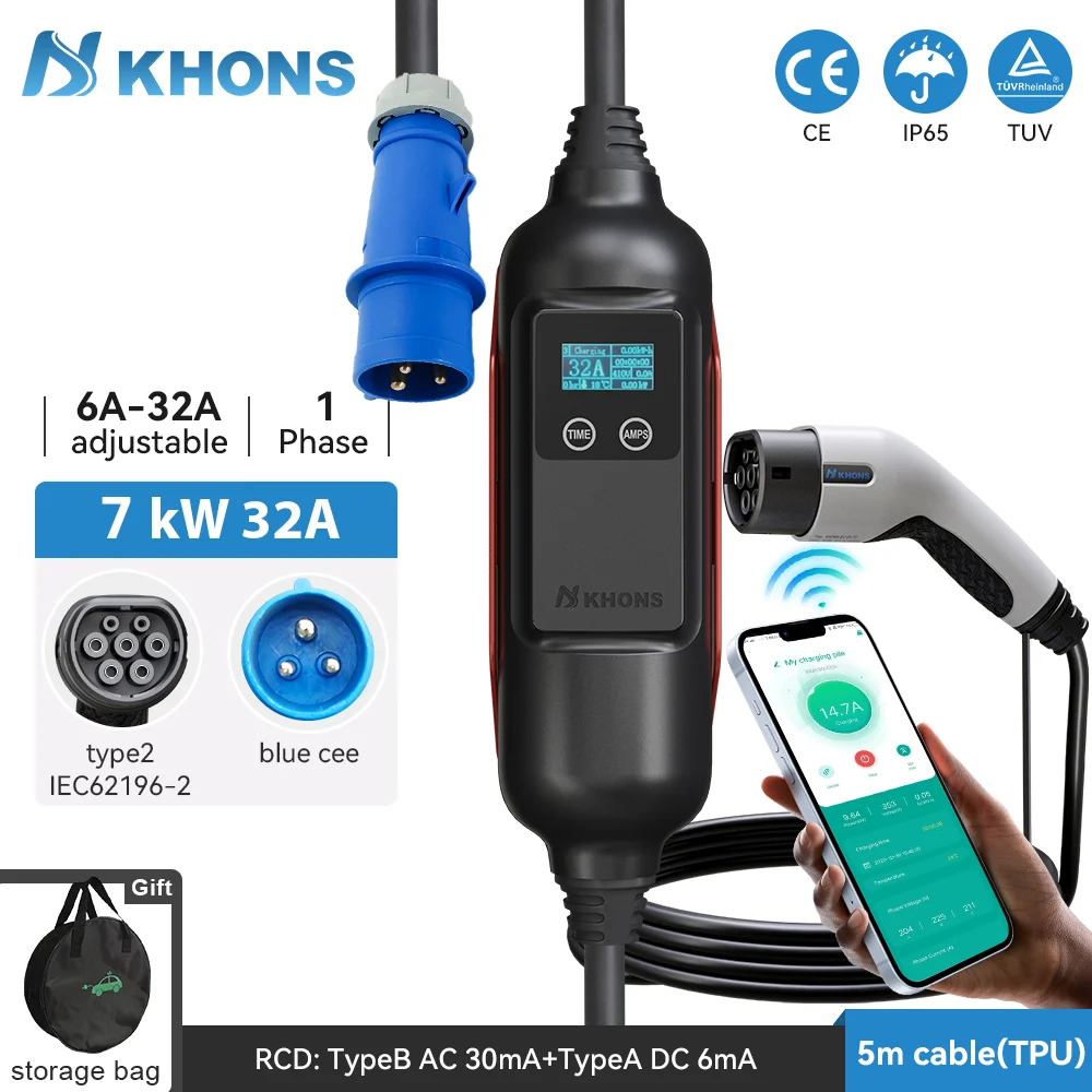 Khons Type2 caricabatterie portatile EV 32A 7KW ricarica rapida caricabatteria per auto elettrica controllo connessione caricabatterie per veicoli