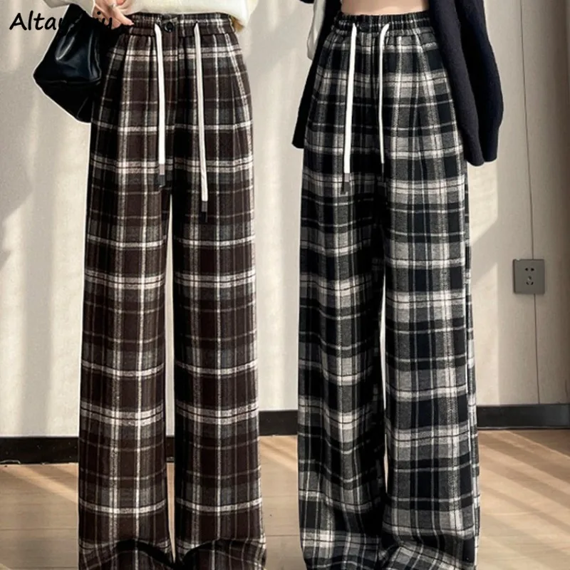 Plaid Pants for Women Korean Style Loose Straight High Waist Drawstring Spring Autumn College Girls Young Ins Casual Ins Fit