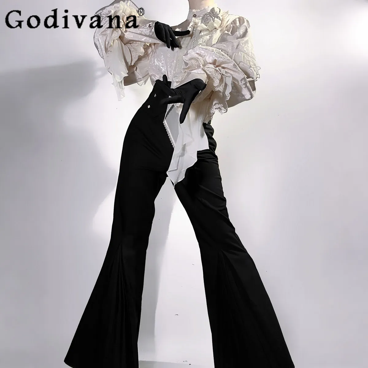 

Original Court Vintage Pants Set 2026 Spring Summer New Lolita Cos Clothing Gothic Long Sleeve Shirt Flared Pants 2-piece Set