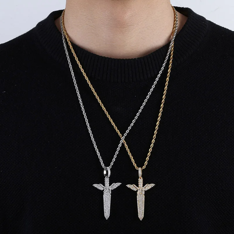 

Hip Hop Micro Paved AAA Cubic Zirconia Bling Iced Out 21 Savage Sword Pendants Necklace for Men women Rapper Jewelry Gold Plated