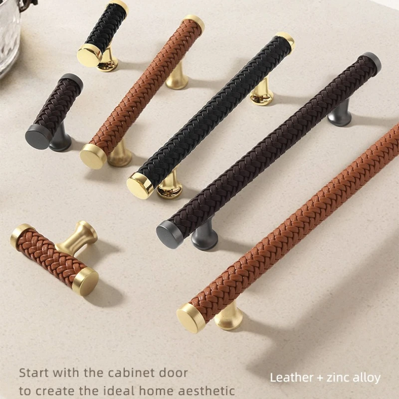 

Leather Cabinet Handle Single Hole Zinc Alloy Golden Wardrobe Drawer Pull