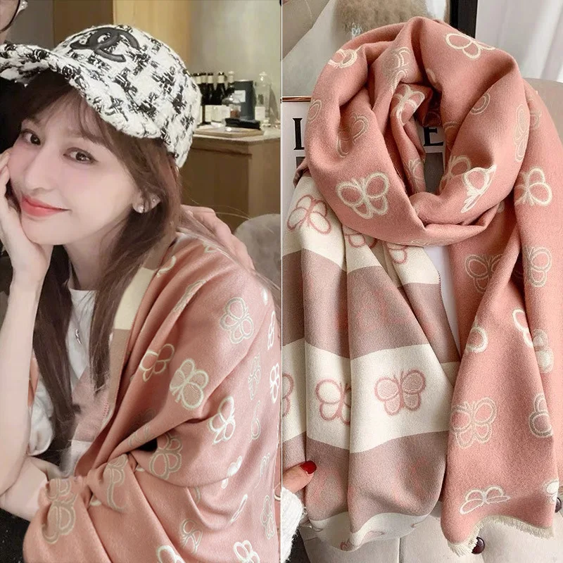 

Pink Sweet Butterfly 100% Cashmere Scarf for Women Autumn and Winter Double-sided Thickening Warm Air Conditioning Shawl