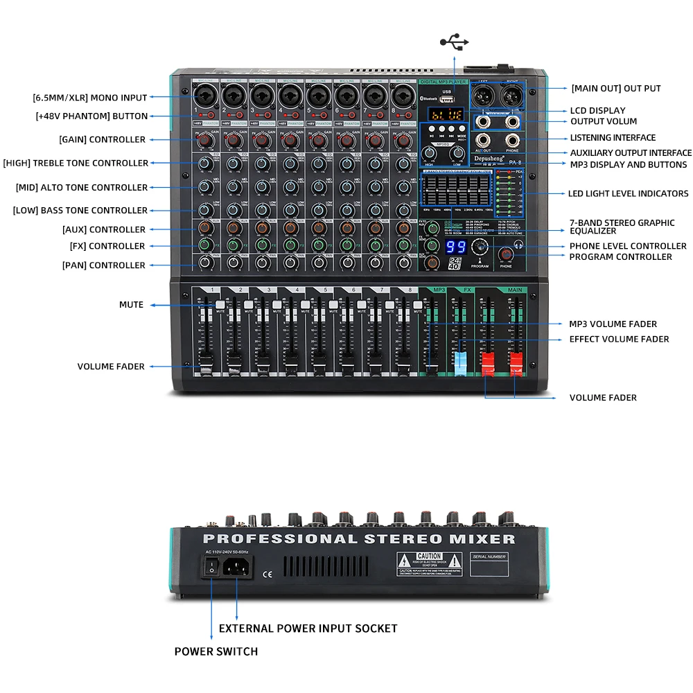 Professioneller Audiomixer Depusheng PA8 8-Kanal-Soundboard-Konsole DJ Mixing Desk System Interface Integrierter 99 Reverb-Effekt