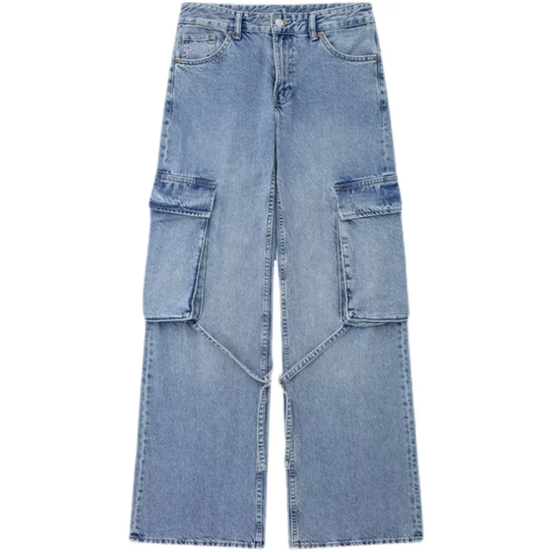 

Faionable Summer Workwear Denim Jeans Women's Belted Mid-Waist Wide Leg Pants High Waist Waed Light Color Long Trousers