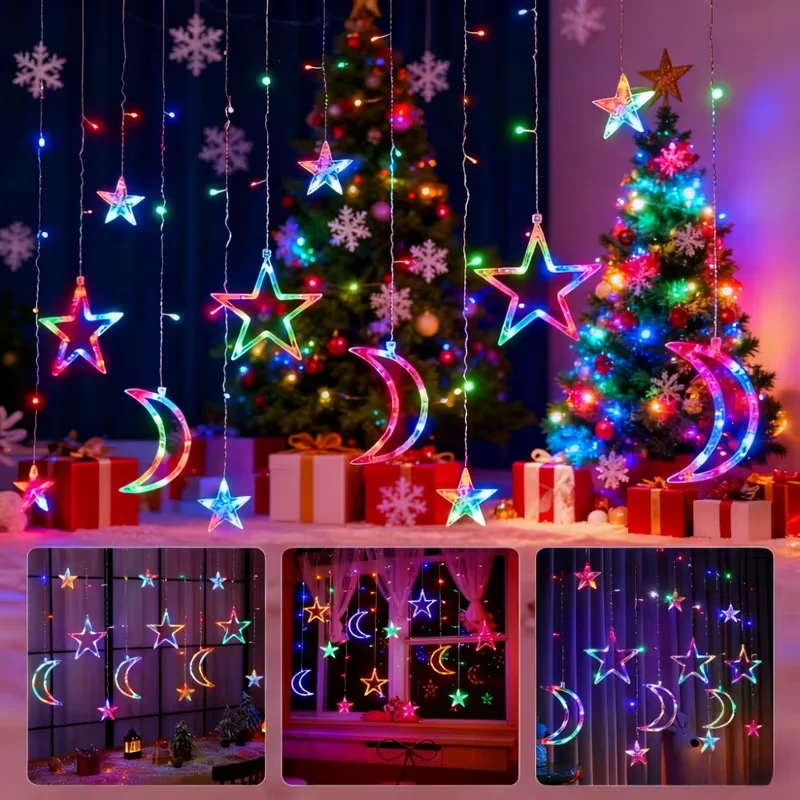 Christmas Decoration Star Moon Curtain String Lights USB-Powered Warm/Colorful LED Fairy Lamp for Ramadan Bedroom Holiday Party