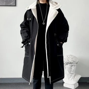 Autumn Men Korean Style Trench Men Fashion Solid Color Casual Long Coat Male Streetwear Loose Windbreaker Men Fleece Overcoat