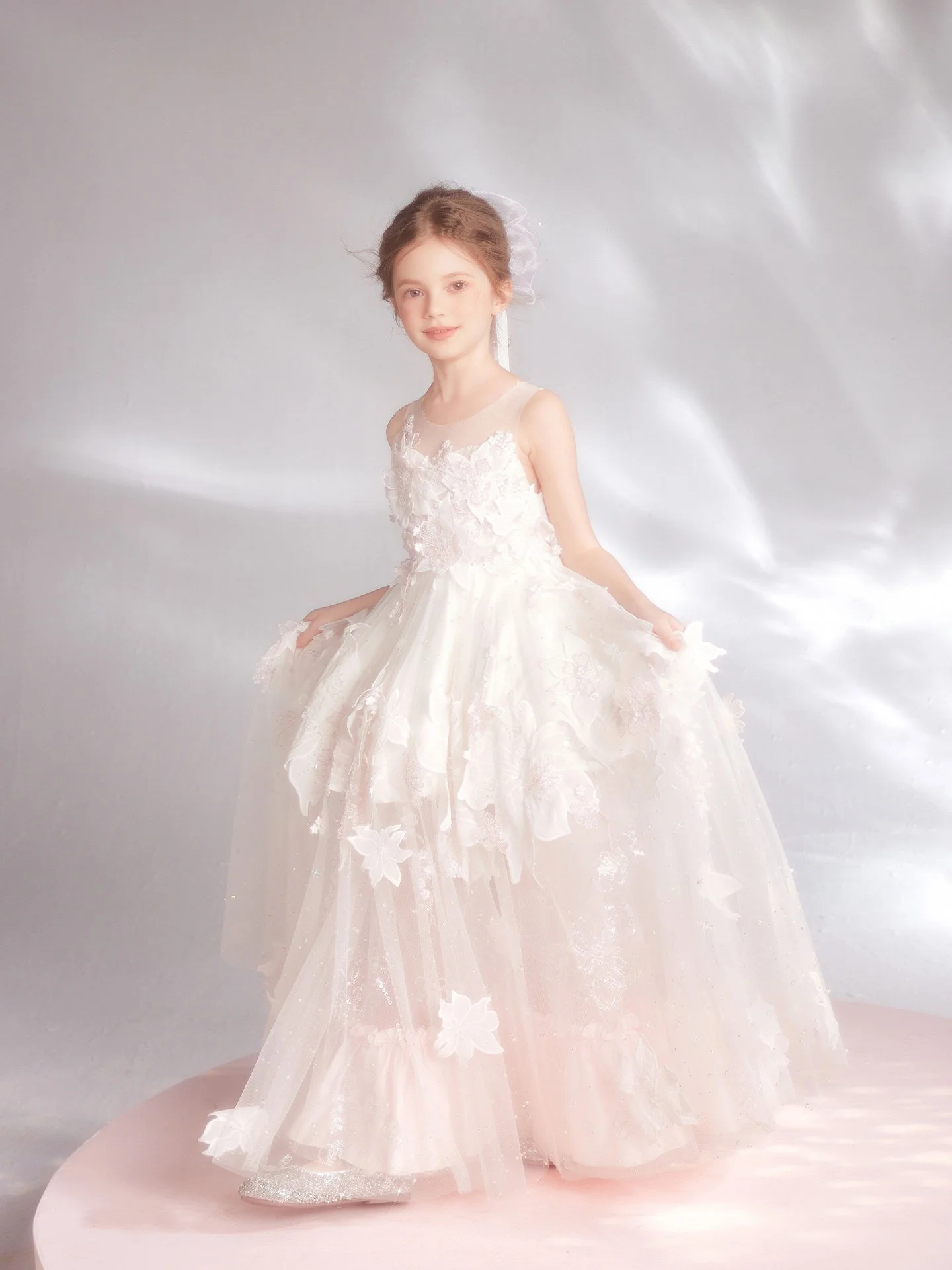 

Custom Flower Girl Dress Wedding Dress Birthday Party Dress Sleeveless 3D Floral Tulle Ball Gown for Pageant Formal Occasions
