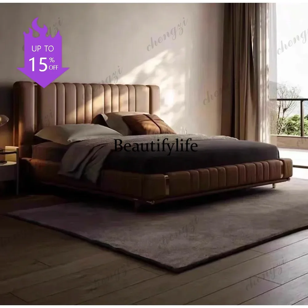 Cama de cuero 07, moderna, sencilla, grande, plana, para dormitorio principal, de diseño, con respaldo alto, suave, con estructura de acero inoxidable, cama doble
