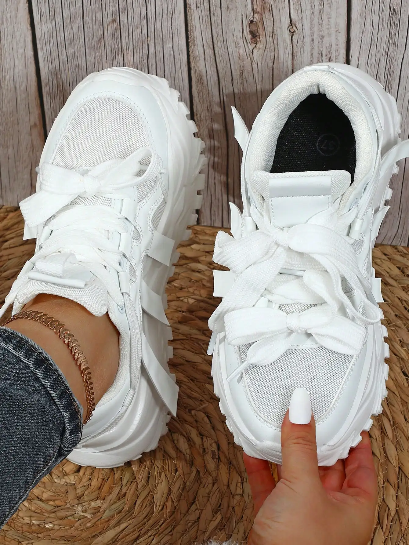 

White Lace Up Wedge Platform Chunky Sneakers High Street Non Slip Breathable Autumn Daily Casual Outdoor Footwear For Women