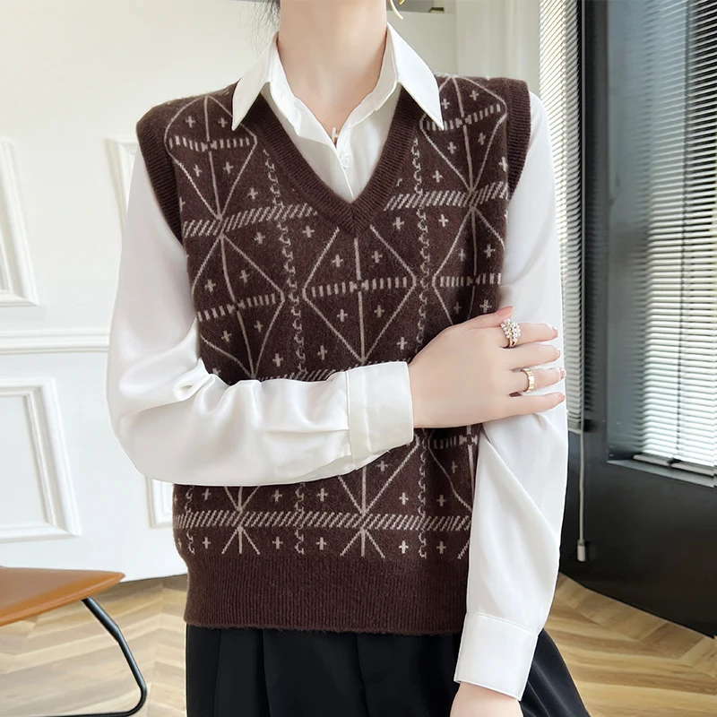 Женский модный вязаный жилет из 100% мериносовой шерсти с v-образным вырезом и цветными блоками, свитер без рукавов, мягкий пуловер, кашемировый нежный верх одежды