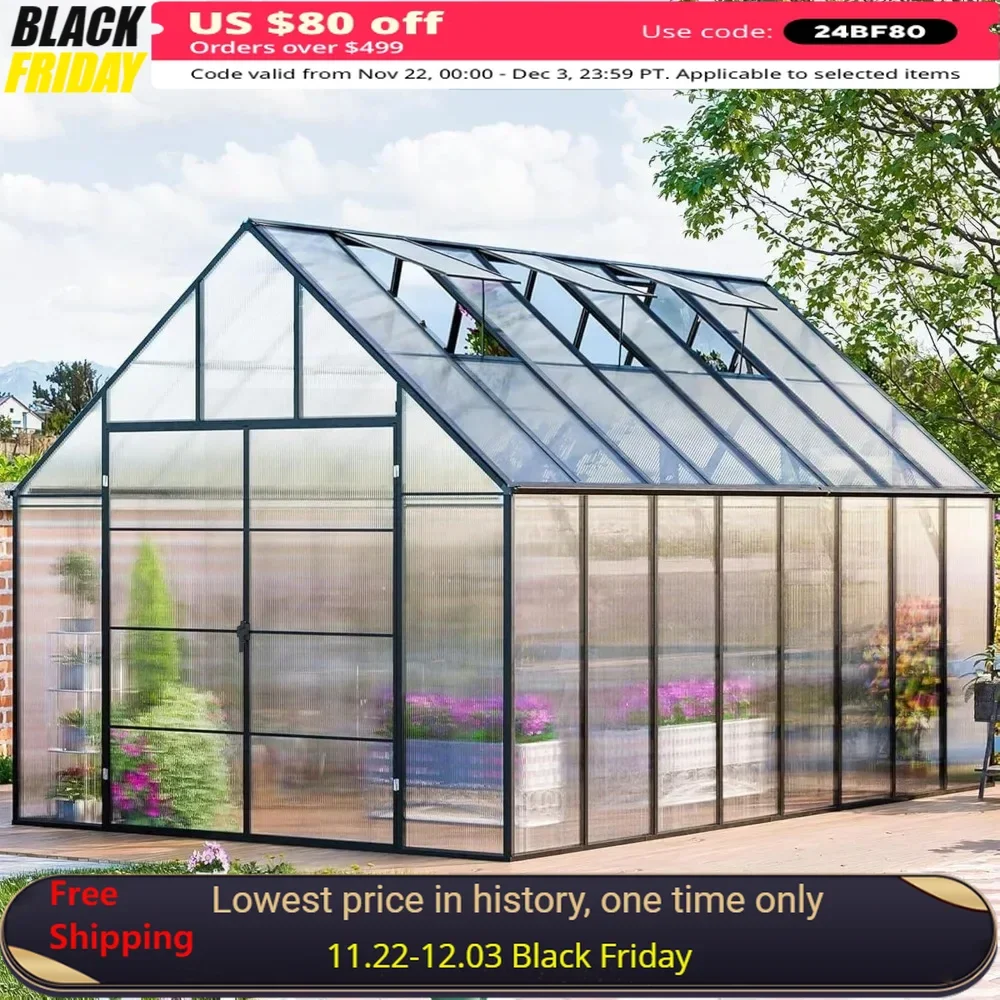 16.5x10.2 FT Greenhouse with 3 Vents Window, Swing Door, Easy Assembly, Large Polycarbonate Aluminum Walk-in Greenhouse