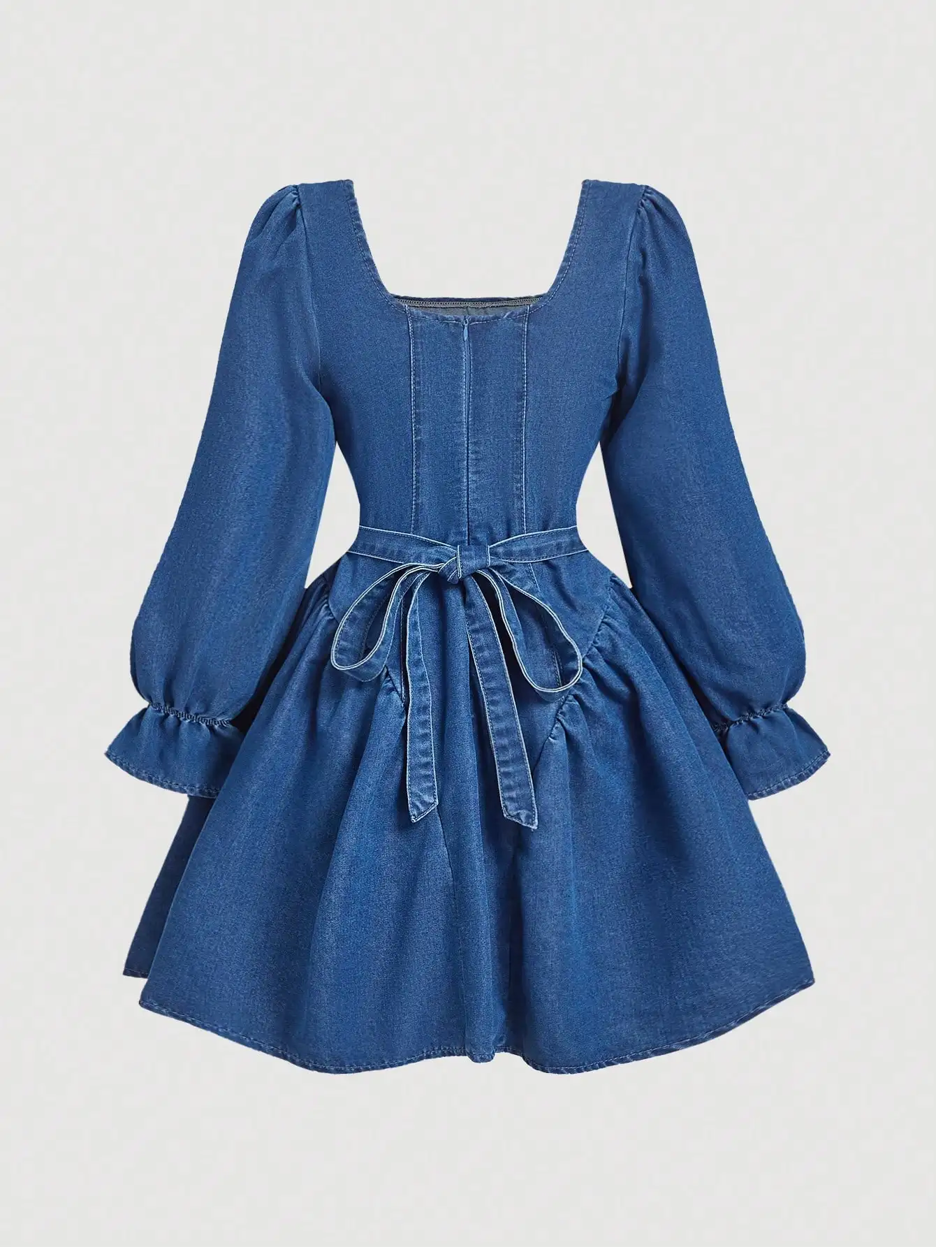 

Женское джинсовое мини-платье с длинными рукавами и квадратным вырезом, повседневное, А-силуэта, расклешенное