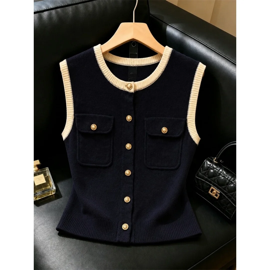 Stylish Minimalist Sleeveless Knitted Vest Women's plus Size Slimming Color Block round Neck Single Button Layering Vest