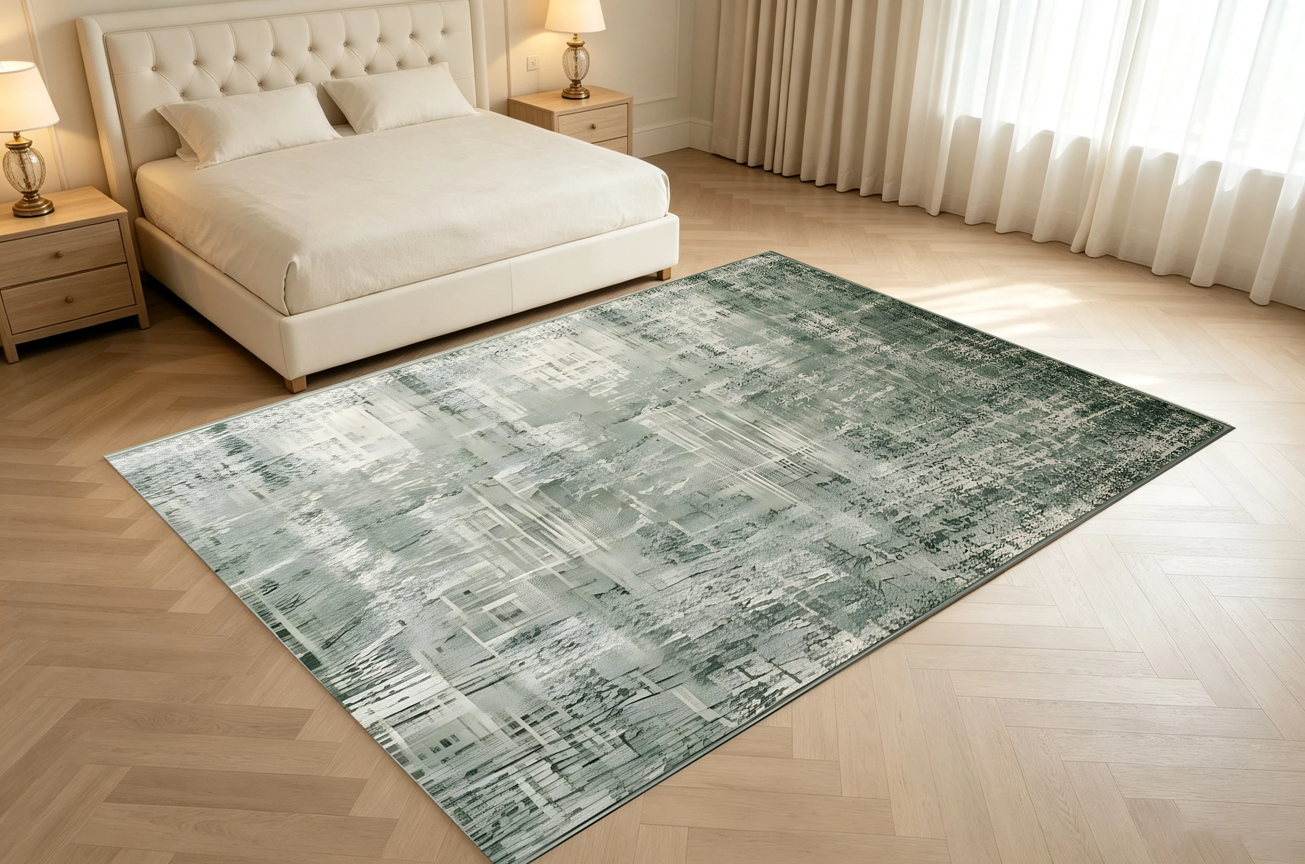 Gray‑Green Abstract Vintage Area Rug, Muted Faded Texture, for Autumn Winter Home Refresh, Decor for Living Room, Bedroom