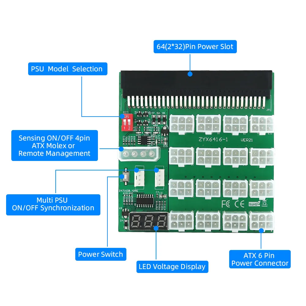 ATX 16x6 핀 12V 전원 공급 장치 브레이크 아웃 보드, BTC 마이닝용 동기화 및 원격 관리 포함