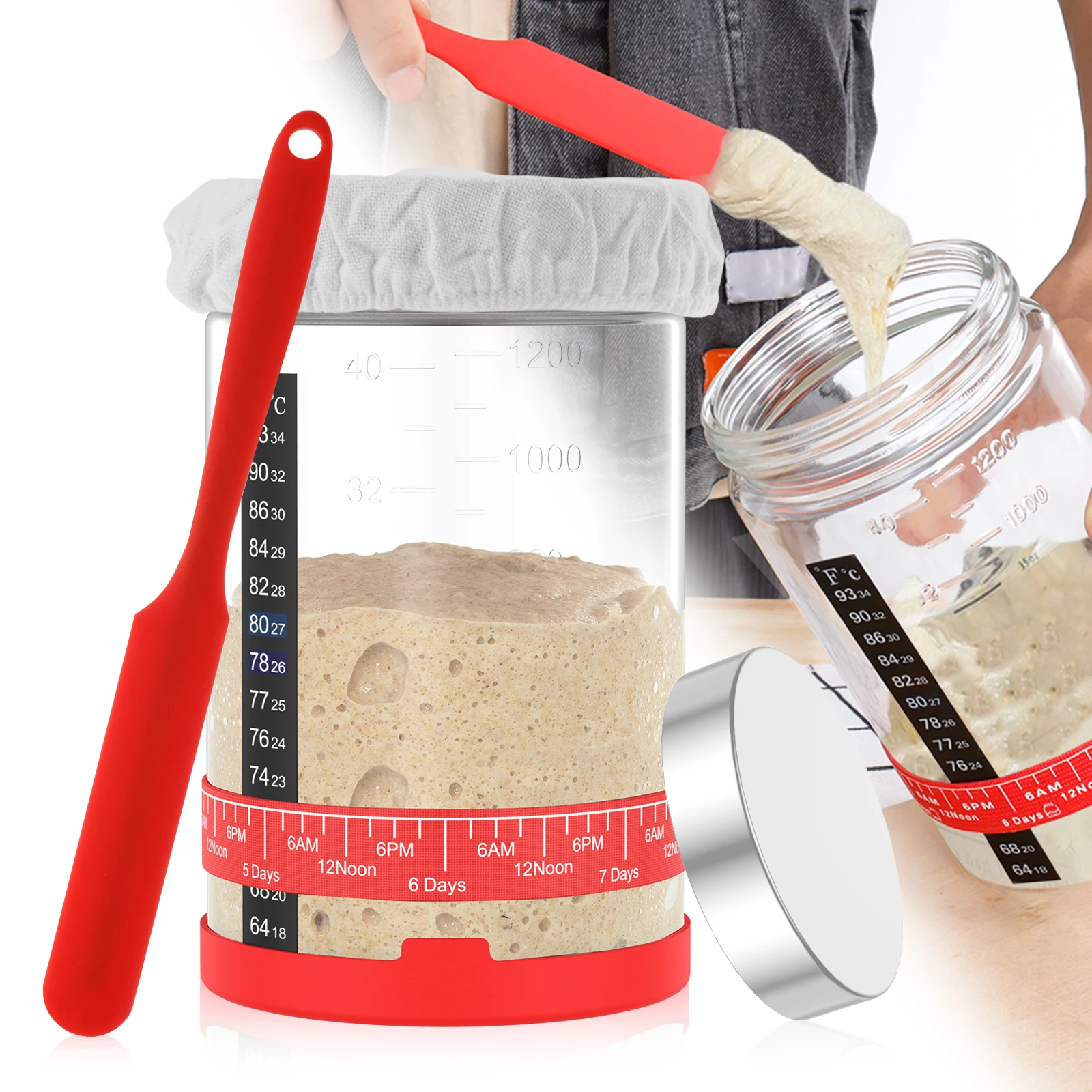 Sourdough Starter Kit for Sourdough Bread Baking Wide Mouth Sourdough Fermentation Jar with Scale Line Metal Lid Sourdough Start