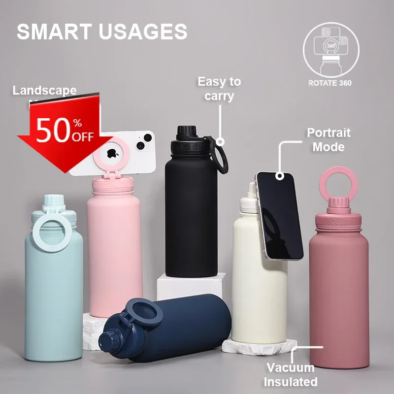 

New Mobile Phone Magnetic Stand Water Cup Outdoor Large Capacity 1L Large Mouth Thermos Cup Stainless Steel Sports Kettle