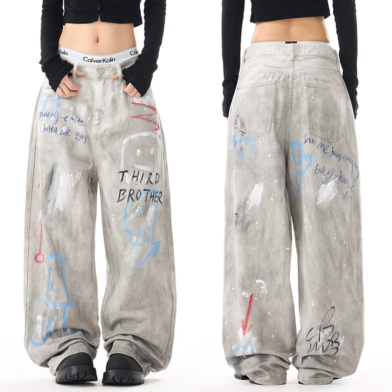 

Pure cotton new street graffiti painted jeans for men straight loose wide leg fashion brand handsome high-end pants for men
