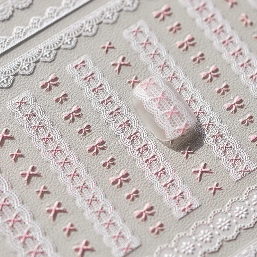 Sweet Pink Bowknot Black Lace Heart Nail Stickers 3D Self Adhesive Nail Art Stickers Manicure Decorations Decals DIY Accessories