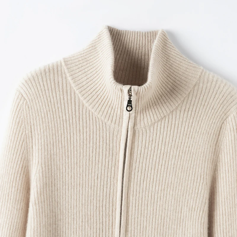 Damski sweter z wysokim kołnierzem, zapinany na zamek, w drobne paski, wykonany w 100% z kaszmiru, swobodny, modny sweter-płaszcz, wygodny, miękki, dzianinowy na jesień i zimę.