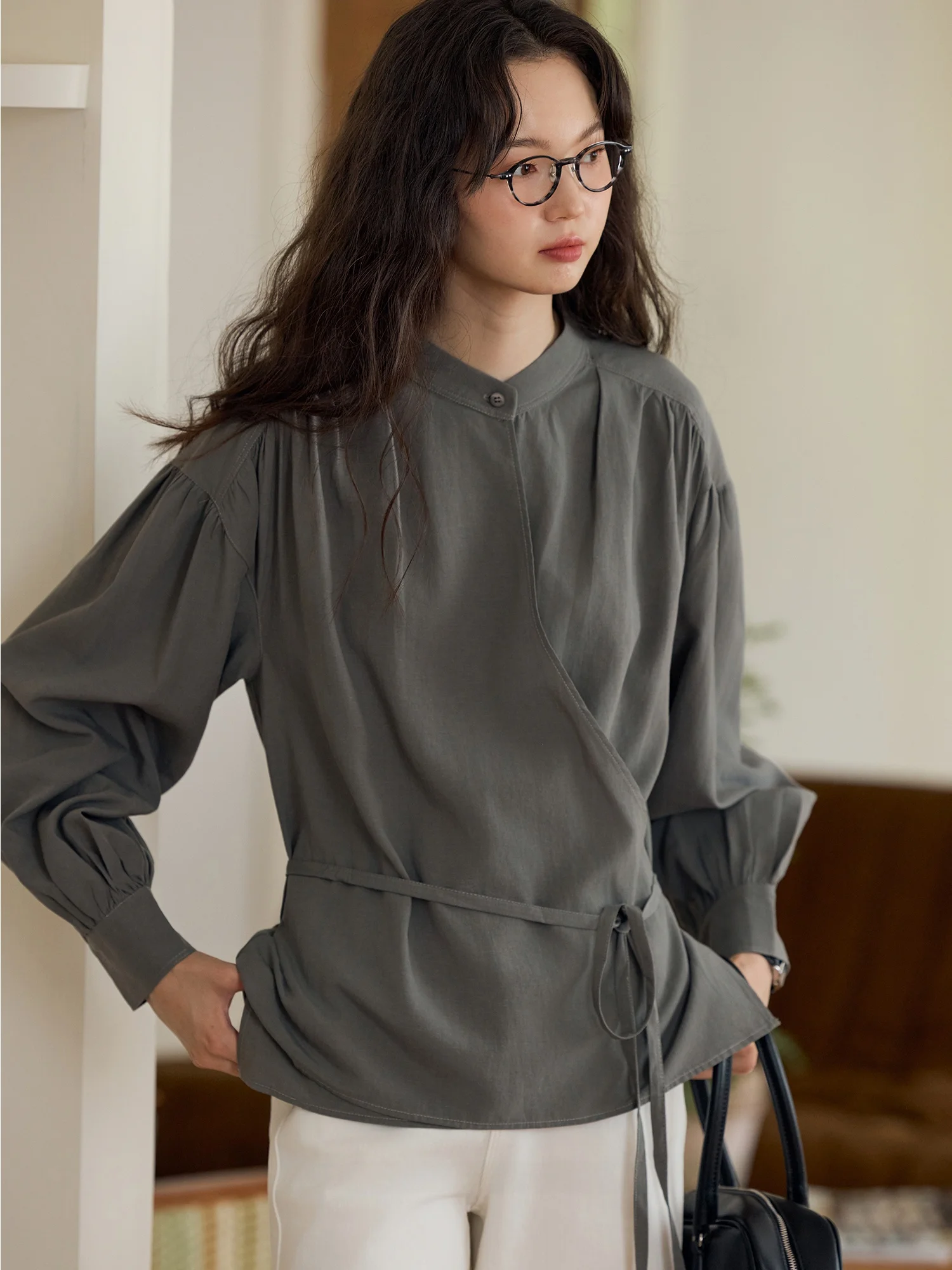 

Limited Edition London Rain Structured Cross Design Vintage Stand Collar Court Sve irt Women's Two Colors Breathable Com...