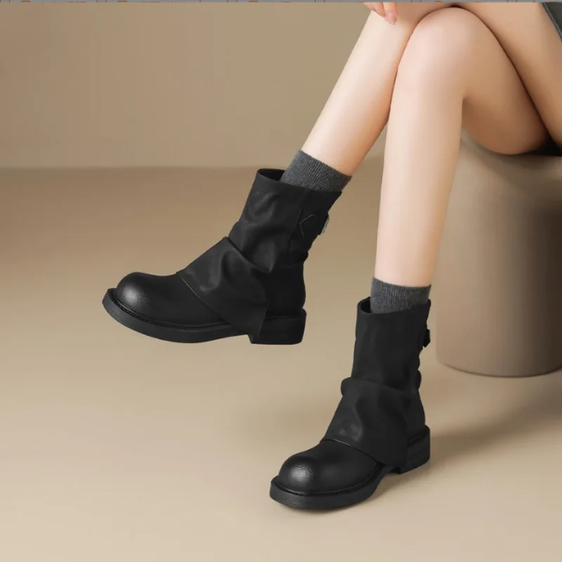 Damen Stiefeletten Flach Weiches Leder Runde Spitze Retro Schnalle Kurze Stiefel Bequeme Freizeitschuhe Modische Winterschuhe Schlupfstiefel Herbst Winter Laufschuhe Warme Halbstiefel Trend – Detail 2