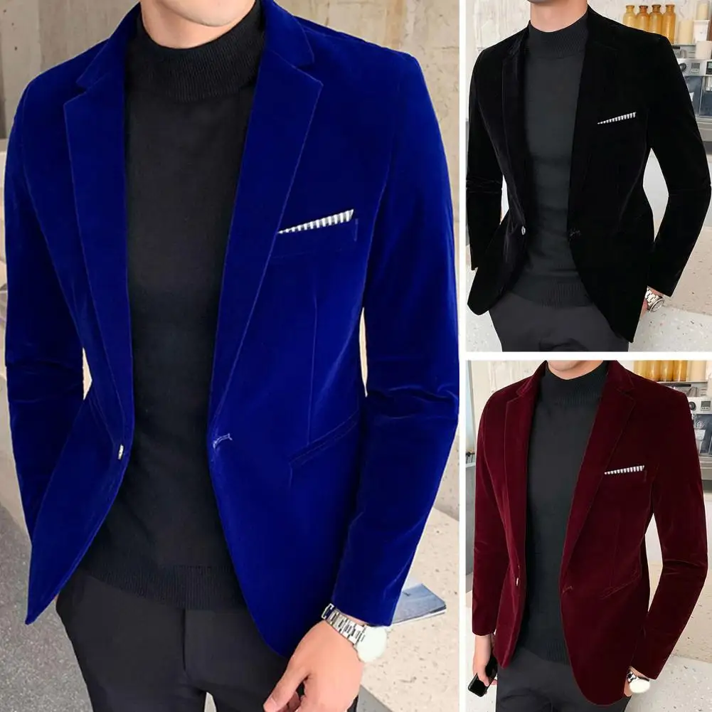 Stylish Suit Jacket Outerwear Long Sleeve Male Velvet Lapel Suit Coat  Men Blazer Fine Stitching