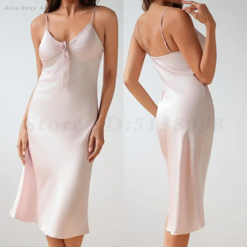 

Female Long Chemise Nightgown Lingerie Sexy Pink Suspender Nightdress Home Clothes Summer New Silk Satin Sleepwear Loungewear
