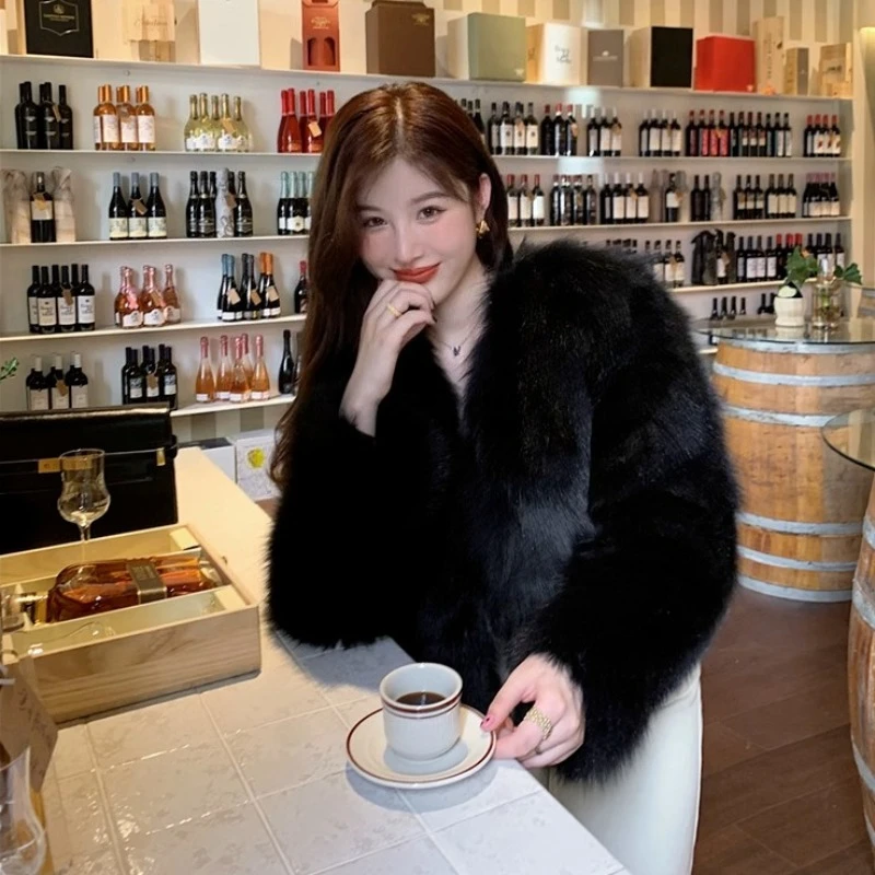 

​New 2025 Winter Black Velvet Fox Fur Like Coat Youthful Oversized V Neck Design for Slimming Silhouette​