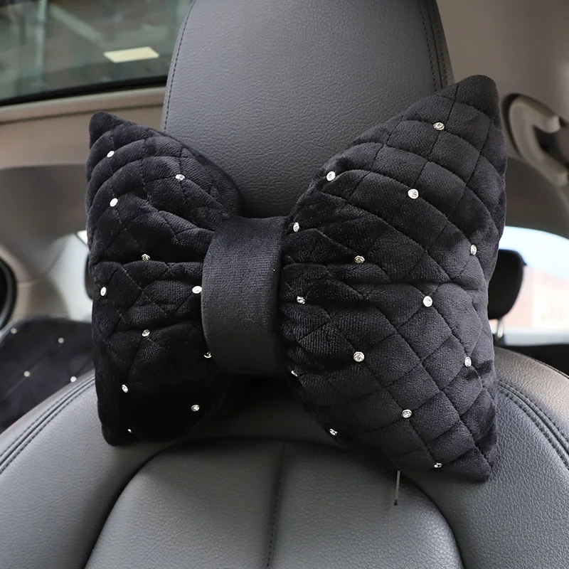 Bling Diamond Bowknot Car Interior Neck Pillow Rhinestone Auto Headrest Seat Support Waist Pillows Crystal Car Accessories 1PC