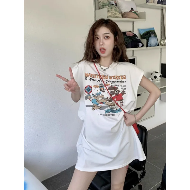 Retro Cotton Thin Sports Vest Sleeveless T-shirt Women's Summer Wear Loose Basketball  Top