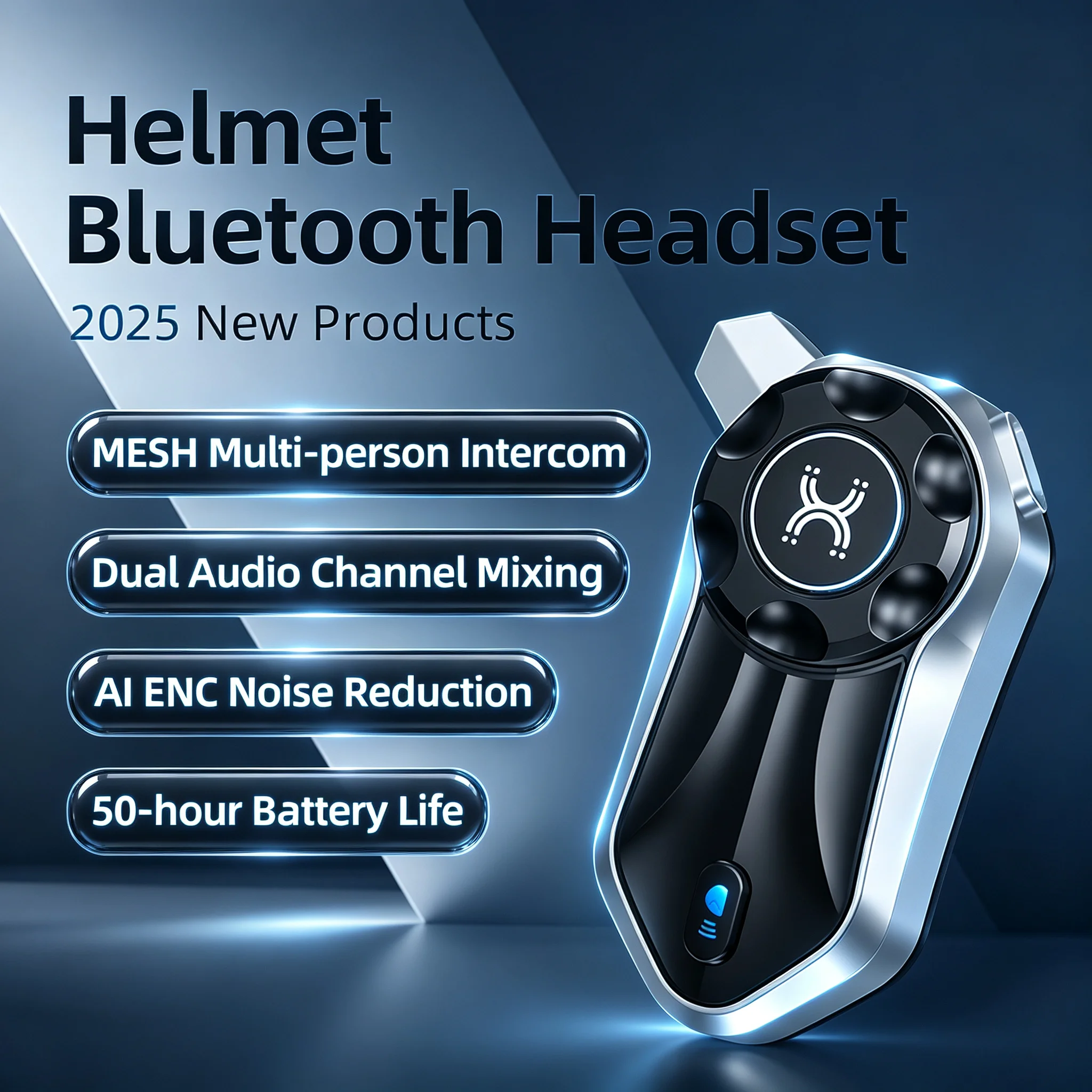 Mesh 3.0 Moto Helmet Bluetooth Headset, Bluetooth5.3 800M Group Intercom, ENC‑DSP Noise Reduction, IP67 Waterproof 50H Endurance