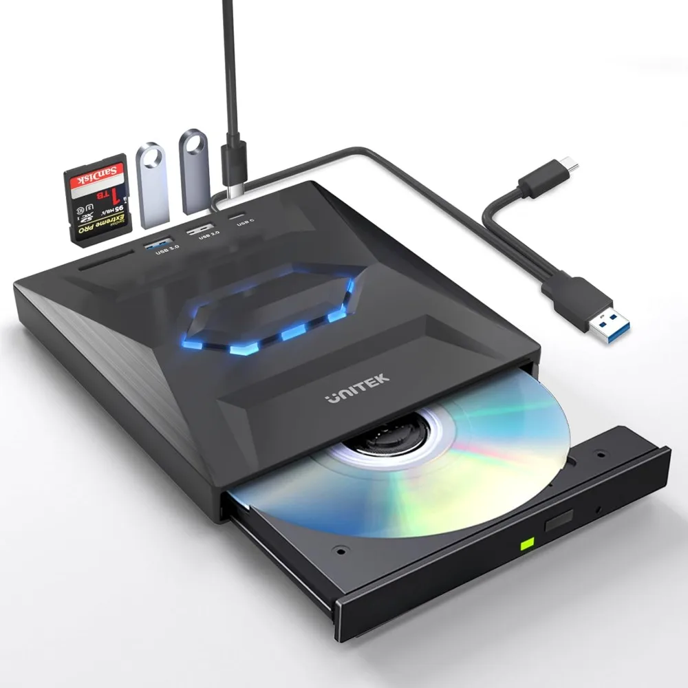 

External CD DVD Drive, USB C Portable CD/DVD +/-RW Drive/DVD Player with SD Card Reader USB 3.0 USB C Hub CD ROM