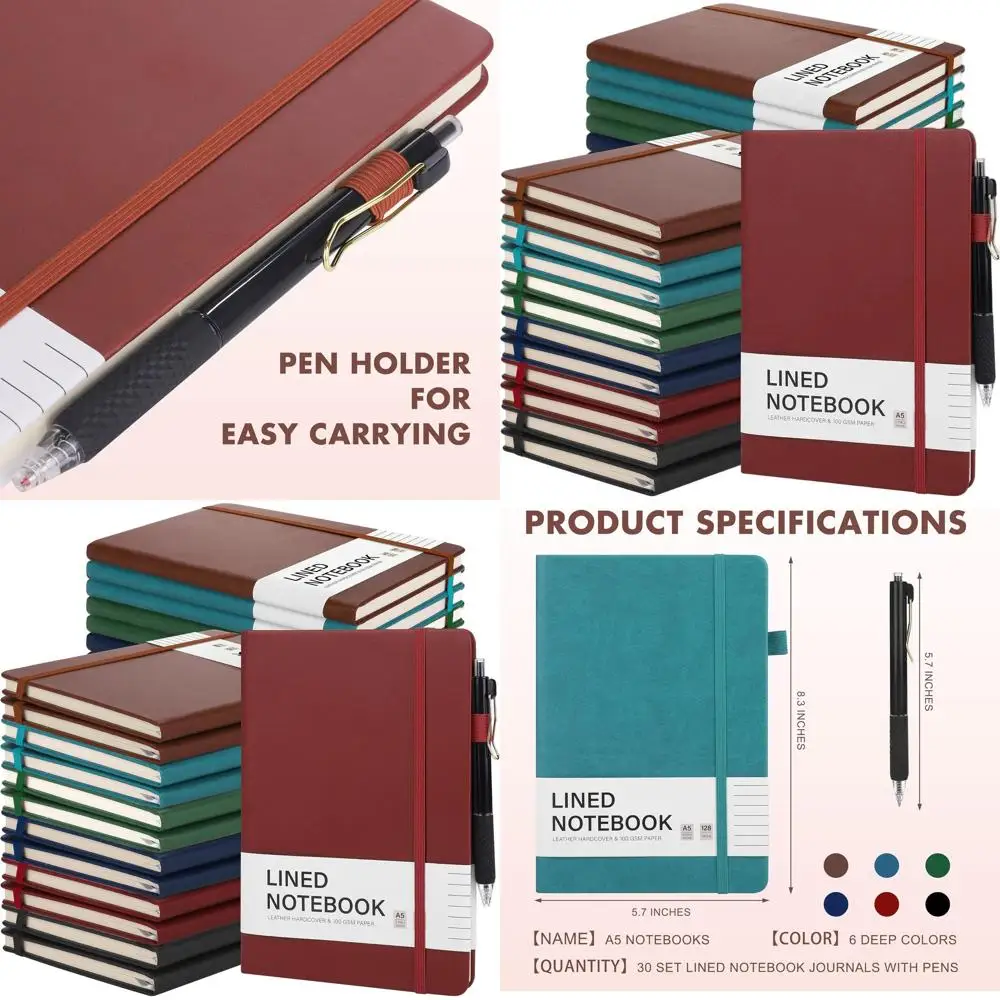 

Набор из 30 тетрадей формата А5 в линейку с ручками, 100 г/м², в линейку, обложка из искусственной кожи, 5,7 x 8,3 дюйма, разноцветные, для офиса и школы